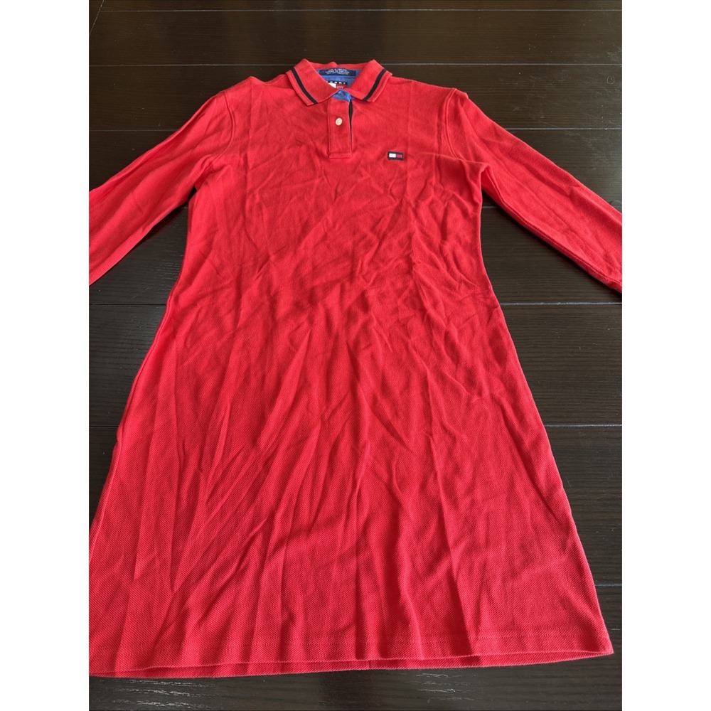 Vintage Tommy Hilfiger Women's Sz S Red Long Sleeved Rugby Dress Logo Collared